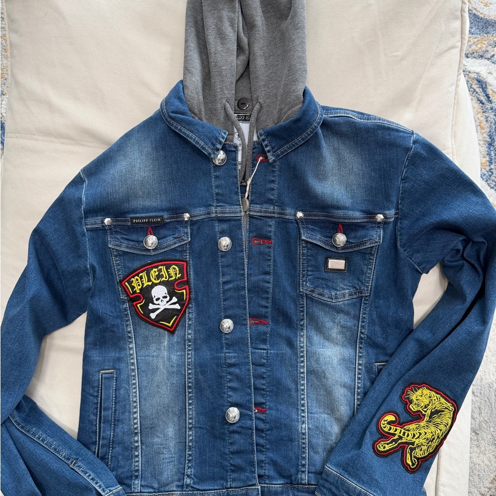 Philipp Plein Blue Denim Jacket with Gray Hood